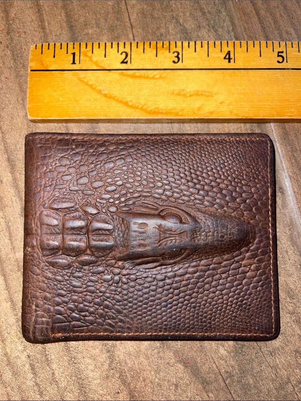 Brown Crocodile-Embossed Leather Bi-Fold Wallet